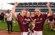 25 August 2019; Sinéad Burke, left, and Barbara Hannon of Galway, celebrate with Marlee Burke, aged 1, left, and Miko Finnegan, aged 1,  following the TG4 All-Ireland Ladies Senior Football Championship Semi-Final match between Galway and Mayo at Croke Park in Dublin. Photo by Sam Barnes/Sportsfile