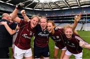 25 August 2019; Galway players, from left, Mairéad Coyne, Olivia Divilly and Louise Ward celebrate with Ciara Moran, second from left, from the Galway coaching staff, following the TG4 All-Ireland Ladies Senior Football Championship Semi-Final match between Galway and Mayo at Croke Park in Dublin. Photo by Sam Barnes/Sportsfile