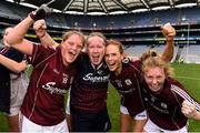 25 August 2019; Galway players, from left, Mairéad Coyne, Olivia Divilly and Louise Ward celebrate with Ciara Moran, second from left, from the Galway coaching staff, following the TG4 All-Ireland Ladies Senior Football Championship Semi-Final match between Galway and Mayo at Croke Park in Dublin. Photo by Sam Barnes/Sportsfile