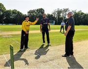 25 August 2019; Match referee Joe Moore, right, with team captains Fintan McAllister of Malahide, left, and Nigel Jones of CIYMS during the coin toss prior to the All-Ireland T20 Cricket Final match between CIYMS and Malahide at Stormont in Belfast. Photo by Seb Daly/Sportsfile