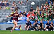 25 August 2019; Róisín Leonard of Galway kicks the winning point from a free during the TG4 All-Ireland Ladies Senior Football Championship Semi-Final match between Galway and Mayo at Croke Park in Dublin. Photo by Brendan Moran/Sportsfile