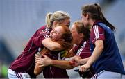 25 August 2019; Olivia Divilly, centre, and Barbara Hannon, left, of Galway celebrate at the final whistle of the TG4 All-Ireland Ladies Senior Football Championship Semi-Final match between Galway and Mayo at Croke Park in Dublin. Photo by Brendan Moran/Sportsfile