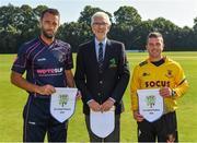 25 August 2019; Team captains Nigel Jones of CIYMS, left, and Fintan McAllister of Malahide, right, with Cricket Ireland President David O'Connor prior to the All-Ireland T20 Cricket Final match between CIYMS and Malahide at Stormont in Belfast. Photo by Seb Daly/Sportsfile