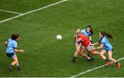 25 August 2019; Saoirse Noonan of Cork is tackled by Olwen Carey of Dublin during the TG4 All-Ireland Ladies Senior Football Championship Semi-Final match between Dublin and Cork at Croke Park in Dublin. Photo by Eóin Noonan/Sportsfile