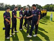 25 August 2019; Cricket Ireland President David O'Connor is introduced to the CIYMS players by captain Nigel Jones prior to the All-Ireland T20 Cricket Final match between CIYMS and Malahide at Stormont in Belfast. Photo by Seb Daly/Sportsfile