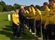 25 August 2019; Cricket Ireland President David O'Connor is introduced to the Malahide players by captain Fintan McAllister prior to the All-Ireland T20 Cricket Final match between CIYMS and Malahide at Stormont in Belfast. Photo by Seb Daly/Sportsfile