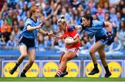 25 August 2019; Saoirse Noonan of Cork in action against Lauren Magee and Olwen Carey of Dublin during the TG4 All-Ireland Ladies Senior Football Championship Semi-Final match between Dublin and Cork at Croke Park in Dublin. Photo by Brendan Moran/Sportsfile