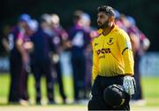 25 August 2019; Anish Desai of Malahide leaves the field after being run out during the All-Ireland T20 Cricket Final match between CIYMS and Malahide at Stormont in Belfast. Photo by Seb Daly/Sportsfile