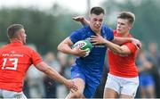 25 August 2019; Will Hickey of Leinster in action against Harry O'Riordan, left, and Alan Flannery of Munster during the Under 19 Interprovincial Rugby Championship match between Leinster and Munster at Maynooth University in Maynooth, Kildare. Photo by Piaras Ó Mídheach/Sportsfile