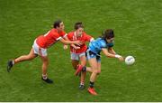 25 August 2019; Sinéad Goldrick of Dublin is tackled by Orlaigh Farmer, left, and Ciara O'Sullivan of Cork during the TG4 All-Ireland Ladies Senior Football Championship Semi-Final match between Dublin and Cork at Croke Park in Dublin. Photo by Eóin Noonan/Sportsfile