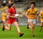 24 August 2019; Susan Byrne of Louth in action against Saoirse Tennyson of Antrim during the TG4 All-Ireland Ladies Football Junior Championship Semi-Final match between Louth and Antrim at St Tiernach's Park in Clones, Monaghan. Photo by Ray McManus/Sportsfile