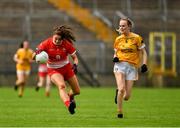 24 August 2019; Eimear Byrne of Louth in action against Ciara Brown of Antrim during the TG4 All-Ireland Ladies Football Junior Championship Semi-Final match between Louth and Antrim at St Tiernach's Park in Clones, Monaghan. Photo by Ray McManus/Sportsfile
