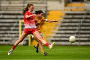 24 August 2019; Dearbhla O'Connor of Louth in action against Nicole Killen of Antrim during the TG4 All-Ireland Ladies Football Junior Championship Semi-Final match between Louth and Antrim at St Tiernach's Park in Clones, Monaghan. Photo by Ray McManus/Sportsfile
