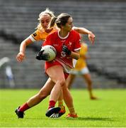 24 August 2019; Eilis Hand of Louth in action against Áine Tubridy of Antrim during the TG4 All-Ireland Ladies Football Junior Championship Semi-Final match between Louth and Antrim at St Tiernach's Park in Clones, Monaghan. Photo by Ray McManus/Sportsfile