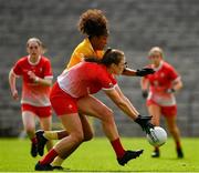 24 August 2019; Sarah Quinn of Louth in action against Lara Dahunsi of Antrim during the TG4 All-Ireland Ladies Football Junior Championship Semi-Final match between Louth and Antrim at St Tiernach's Park in Clones, Monaghan. Photo by Ray McManus/Sportsfile