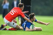 25 August 2019; Simon O'Kelly of Leinster scores a first half try under pressure from Jamie Osbourne of Munster during the Under 19 Interprovincial Rugby Championship match between Leinster and Munster at Maynooth University in Maynooth, Kildare. Photo by Piaras Ó Mídheach/Sportsfile