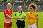 24 August 2019; Referee Siobhán Coyle with the two captains, Kate Flood of Louth, left, and Saoirse Tennyson of Antrim, before TG4 All-Ireland Ladies Football Junior Championship Semi-Final match between Louth and Antrim at St Tiernach's Park in Clones, Monaghan. Photo by Ray McManus/Sportsfile