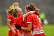 24 August 2019; Aoife Russell, left, and Eimear Byrne of Louth celebrate victory after the TG4 All-Ireland Ladies Football Junior Championship Semi-Final match between Louth and Antrim at St Tiernach's Park in Clones, Monaghan. Photo by Ray McManus/Sportsfile