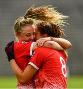 24 August 2019; Aoife Russell, left, and Eimear Byrne of Louth celebrate victory after the TG4 All-Ireland Ladies Football Junior Championship Semi-Final match between Louth and Antrim at St Tiernach's Park in Clones, Monaghan. Photo by Ray McManus/Sportsfile