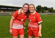 24 August 2019; Sarah Quinn, left, and Kjennifer McGuinness of Louth celebrate victory after the TG4 All-Ireland Ladies Football Junior Championship Semi-Final match between Louth and Antrim at St Tiernach's Park in Clones, Monaghan. Photo by Ray McManus/Sportsfile