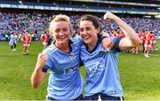 25 August 2019; Carla Rowe, left, and Lyndsey Davey of Dublin celebrate following the TG4 All-Ireland Ladies Senior Football Championship Semi-Final match between Dublin and Cork at Croke Park in Dublin. Photo by Sam Barnes/Sportsfile
