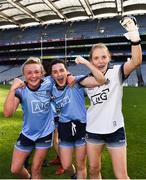 25 August 2019; Dublin players, from left, Carla Rowe, Lyndsey Davey, and Ciara Trant celebrate following the TG4 All-Ireland Ladies Senior Football Championship Semi-Final match between Dublin and Cork at Croke Park in Dublin. Photo by Sam Barnes/Sportsfile