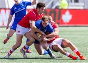 24 August 2019; Rory O'Loughlin of Leinster is tackled during the pre-season friendly match between Canada and Leinster at Tim Hortons Field in Hamilton, Canada. Photo by Kevin Sousa/Sportsfile