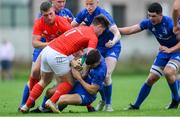 25 August 2019; Chris Cosgrave of Leinster is tackled by Aaron Leahy of Munster during the Under 19 Interprovincial Rugby Championship match between Leinster and Munster at Maynooth University in Maynooth, Kildare. Photo by Piaras Ó Mídheach/Sportsfile