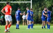 25 August 2019; Leinster players celebrate after the Under 19 Interprovincial Rugby Championship match between Leinster and Munster at Maynooth University in Maynooth, Kildare. Photo by Piaras Ó Mídheach/Sportsfile