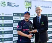 25 August 2019; John Matchett of CIYMS is presented with his Player of the Match award by Cricket Ireland President David O'Connor following his side's victory during the All-Ireland T20 Cricket Final match between CIYMS and Malahide at Stormont in Belfast. Photo by Seb Daly/Sportsfile