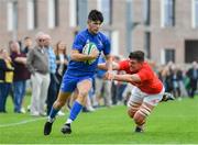 25 August 2019; Chris Cosgrave of Leinster gets past John Forde of Munster during the Under 19 Interprovincial Rugby Championship match between Leinster and Munster at Maynooth University in Maynooth, Kildare. Photo by Piaras Ó Mídheach/Sportsfile