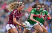 25 August 2019; Megan Glynn of Galway in action against Ciara Whyte of Mayo during the TG4 All-Ireland Ladies Senior Football Championship Semi-Final match between Galway and Mayo at Croke Park in Dublin. Photo by Brendan Moran/Sportsfile