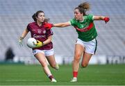 25 August 2019; Leanne Coen of Galway in action against Emma Needham of Mayo during the TG4 All-Ireland Ladies Senior Football Championship Semi-Final match between Galway and Mayo at Croke Park in Dublin. Photo by Brendan Moran/Sportsfile
