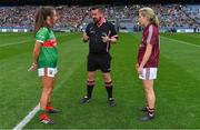 25 August 2019; Referee Seamus Mulvihill with team captains Niamh Kelly of Mayo, left, and Tracey Leonard of Galway prior to the TG4 All-Ireland Ladies Senior Football Championship Semi-Final match between Galway and Mayo at Croke Park in Dublin. Photo by Brendan Moran/Sportsfile