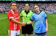 25 August 2019; Referee Maggie Farrelly with team captains Doireann O’Sullivan of Cork, left, and Sinéad Aherne of Dublin prior to the TG4 All-Ireland Ladies Senior Football Championship Semi-Final match between Dublin and Cork at Croke Park in Dublin. Photo by Brendan Moran/Sportsfile