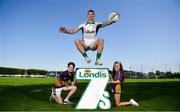 26 August 2019; Richie Donnelly of Tyrone in attendance alongside Kilmacud Crokes players Ewan Byrne, age 11, and Grace Byrne, age 9, from Blackrock, Co Dublin during the launch of the Londis Senior All-Ireland Football 7s at Kilmacud Crokes GAA Club in Stillorgan, Co Dublin. Photo by David Fitzgerald/Sportsfile