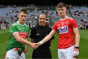 10 August 2019; Referee Niall Cullen with the two captains, Aidan Cosgrave of Mayo and Conor Corbett of Cork, before the Electric Ireland GAA Football All-Ireland Minor Championship Semi-Final match between Cork and Mayo at Croke Park in Dublin. Photo by Ray McManus/Sportsfile