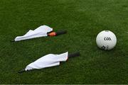 10 August 2019; A Gaelic Football and two linesman's flags on the grass before the Electric Ireland GAA Football All-Ireland Minor Championship Semi-Final match between Cork and Mayo at Croke Park in Dublin. Photo by Ray McManus/Sportsfile