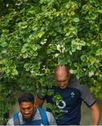 27 August 2019; Bundee Aki, left, and Devin Toner arrive for Ireland Rugby squad training at Carton House in Maynooth, Kildare. Photo by Ramsey Cardy/Sportsfile