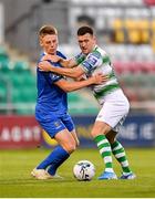 27 August 2019; Rob Slevin of Waterford United in action against Aaron Greene of Shamrock Rovers during the SSE Airtricity League Premier Division match between Shamrock Rovers and Waterford at Tallaght Stadium in Dublin. Photo by Seb Daly/Sportsfile