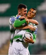 27 August 2019; Graham Burke of Shamrock Rovers, right, is congratulated by team-mate Aaron Greene after scoring his side's second goal during the SSE Airtricity League Premier Division match between Shamrock Rovers and Waterford United at Tallaght Stadium in Dublin. Photo by Seb Daly/Sportsfile