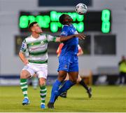 27 August 2019; Maxim Kouogun of Waterford United in action against Aaron Greene of Shamrock Rovers during the SSE Airtricity League Premier Division match between Shamrock Rovers and Waterford at Tallaght Stadium in Dublin. Photo by Seb Daly/Sportsfile