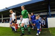 29 August 2019; Republic of Ireland captain Roisin McGovern leads out the team before the Women's U19 International Friendly match between Republic of Ireland and Austria at Home Farm FC in Dublin. Photo by Matt Browne/Sportsfile