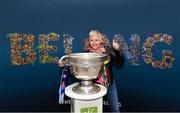 30 August 2019; Susan Mullan from Lucan, Co. Dublin with the Sam Maguire Cup at the GAA’s Home for the Match stand in the arrivals hall at Dublin Airport. Photo by Matt Browne/Sportsfile