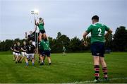 30 August 2019; Evan Gernon of Metro in action against Niki Moelders of South East during the Shane Horgan Cup Round 1 match between South East and Metro at Cill Dara RFC in Kildare. Photo by Ramsey Cardy/Sportsfile