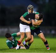 30 August 2019; Tom Larke of Metro is tackled by Niki Moelders of South East during the Shane Horgan Cup Round 1 match between South East and Metro at Cill Dara RFC in Kildare. Photo by Ramsey Cardy/Sportsfile