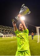 30 August 2019; Shamrock Rovers Amputee team goalkeeper Patrick Hutton celebrates with the league trophy during half time of the SSE Airtricity League Premier Division match between Shamrock Rovers and Bohemians at Tallaght Stadium in Dublin. Photo by Seb Daly/Sportsfile