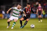 30 August 2019; Danny Mandroiu of Bohemians in action against Jack Byrne of Shamrock Rovers during the SSE Airtricity League Premier Division match between Shamrock Rovers and Bohemians at Tallaght Stadium in Dublin. Photo by Stephen McCarthy/Sportsfile