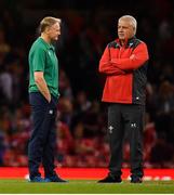 31 August 2019; Ireland head coach Joe Schmidt, left, and Wales head coach Warren Gatland prior to the Under Armour Summer Series 2019 match between Wales and Ireland at the Principality Stadium in Cardiff, Wales. Photo by Brendan Moran/Sportsfile