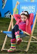 31 August 2019; Laragh Griffith, aged 7, from Malahide, Co. Dublin in attendance at the Electric Ireland Throwback Stage during day two of Electric Picnic 2019 at Stradbally in Laois. Electric Ireland’s Throwback Stage Nostalgic Cinema is open at Electric Picnic. As well as hosting amazing nostalgic musical acts, Electric Ireland’s Throwback Stage has your weekend matinee sorted; showing an amazing line up of retro movies during the day. This year, Electric Ireland’s Throwback Stage hosts a line-up of legends including headliners Bonnie Tyler, N-Trance, Mr. Motivator and Lords of Strut. One of the most popular stages at the festival, Electric Ireland’s Throwback Stage has previously played host to pop legends B*witched, Johnny Logan, Heather Small, 5ive, S Club Party, Ace of Base, 2 Unlimited, The Vengaboys and Bananarama – to name a few. Share in the nostalgia of the Electric Ireland Throwback Stage, visit: www.twitter.com/ElectricIreland, www.facebook.com/ElectricIreland, www.instagram.com/ElectricIreland.  #ThrowbackThrowdown. Photo by Sam Barnes/Sportsfile